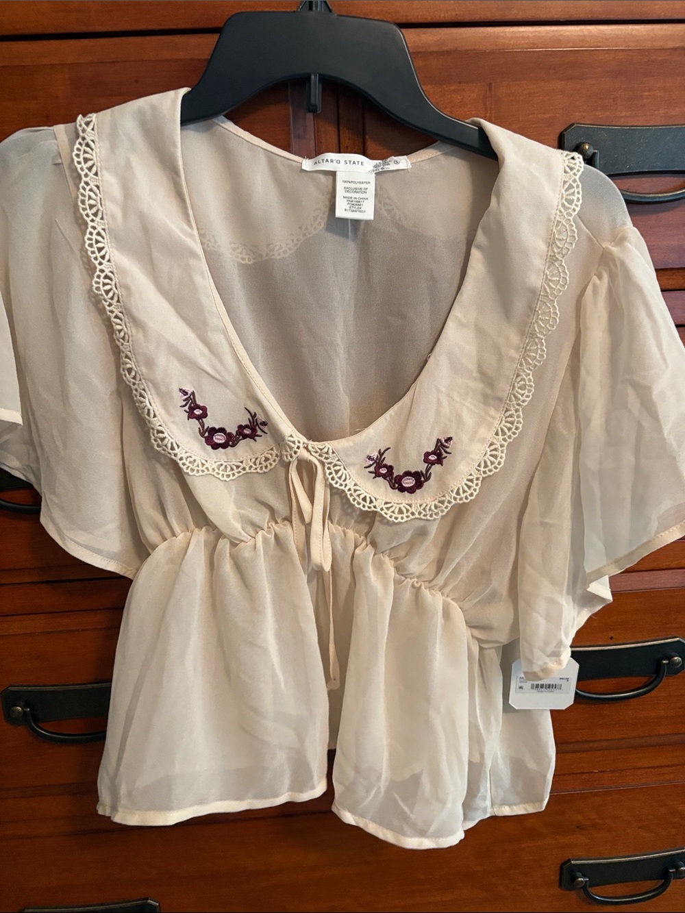 Altar'd State Cream Sheer Peplum Blouse with Purple Floral Embroidery